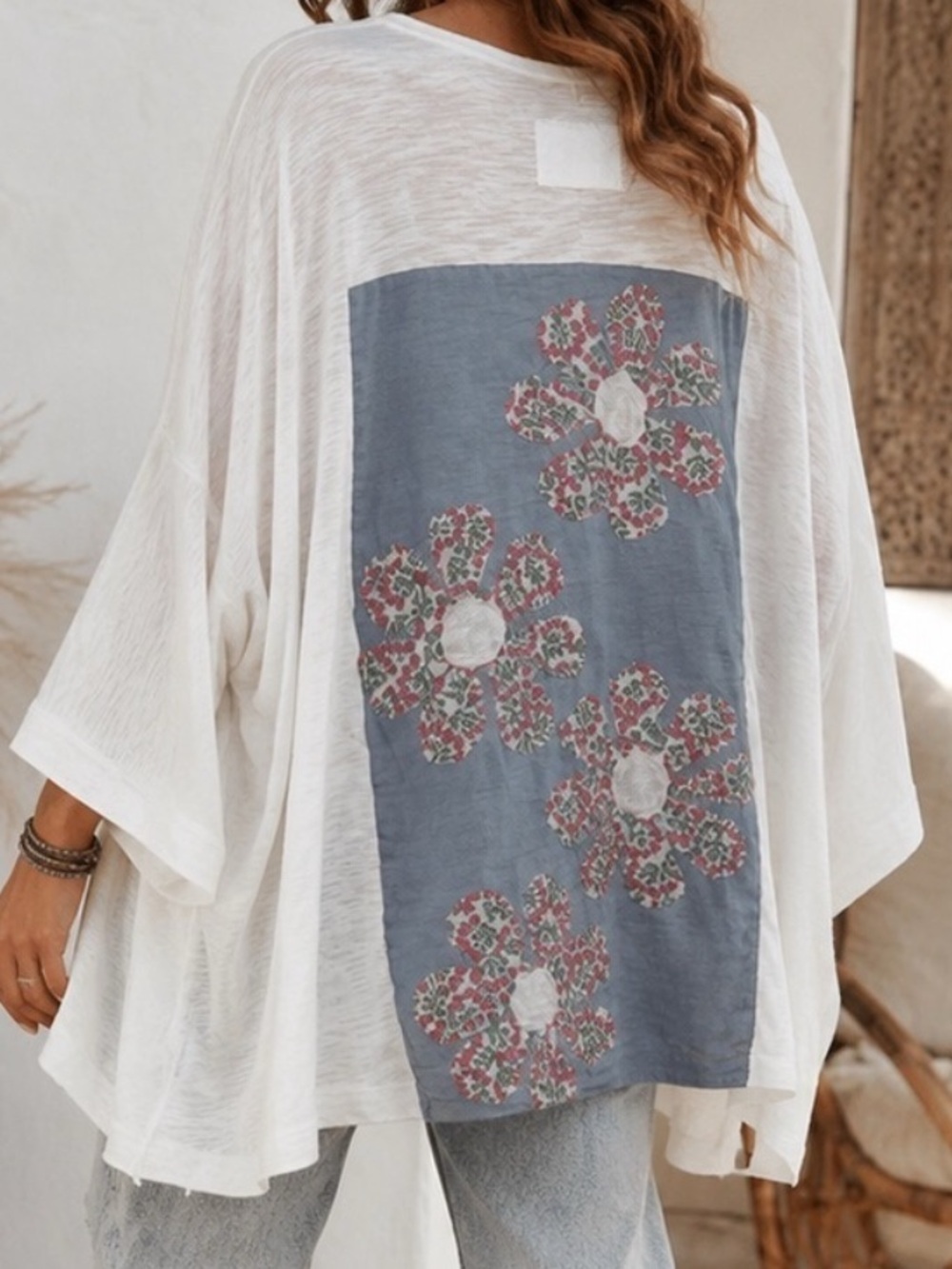 Women’s Floral Patchwork Boho Oversized Poncho/ V-Neck top- BlueVelvet- NWT - Picture 2 of 10